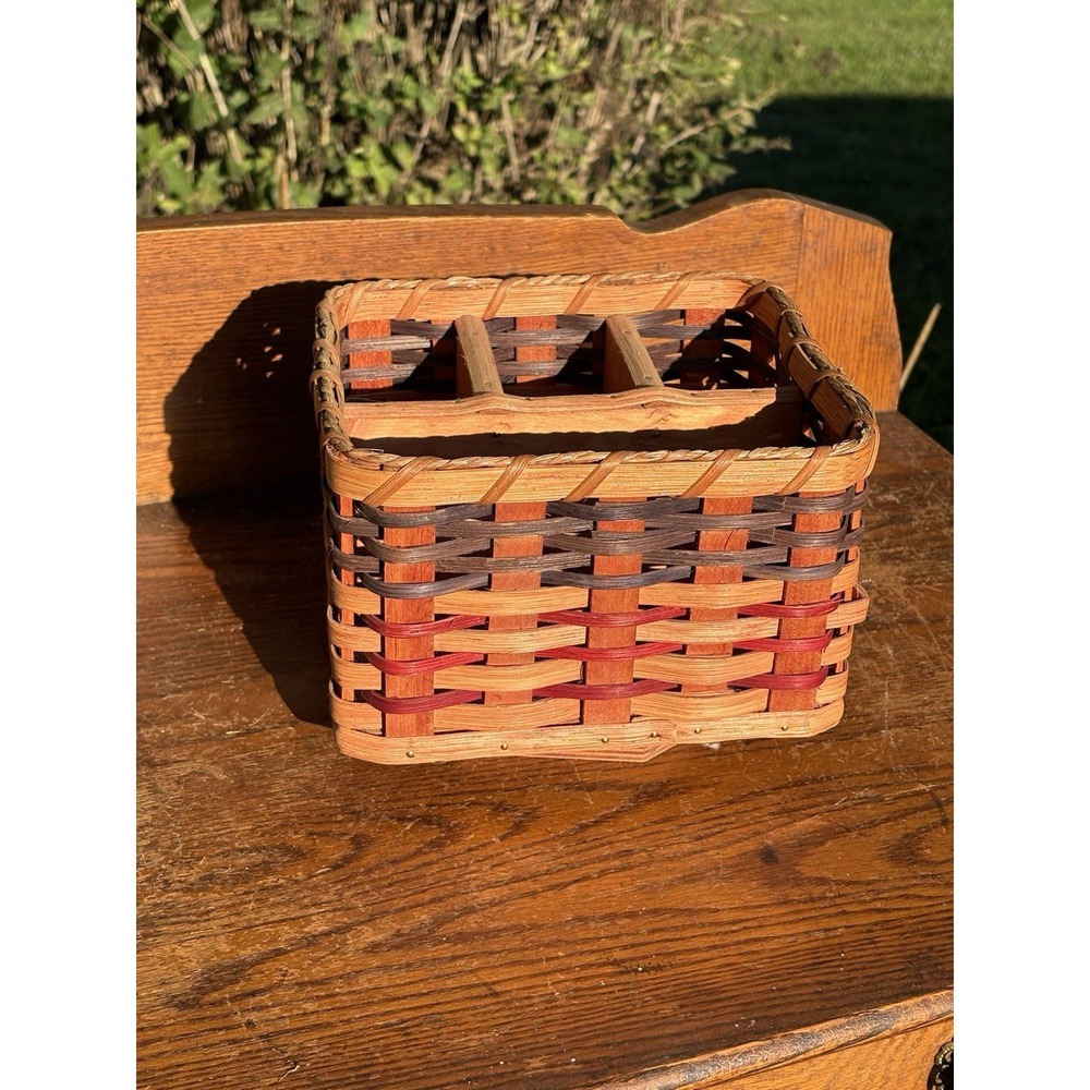 Amish Handcrafted Lazy Susan Desk Organizer Wicker Basket Wood Bottom Signed